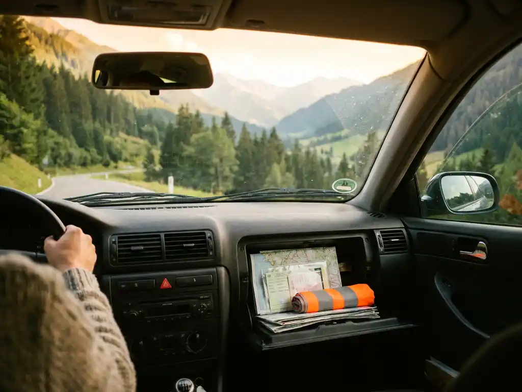 Familienauto auf österreichischer Bergstraße, geöffnetes Handschuhfach mit Dokumenten und Warnweste, alpine Landschaft im Hintergrund.