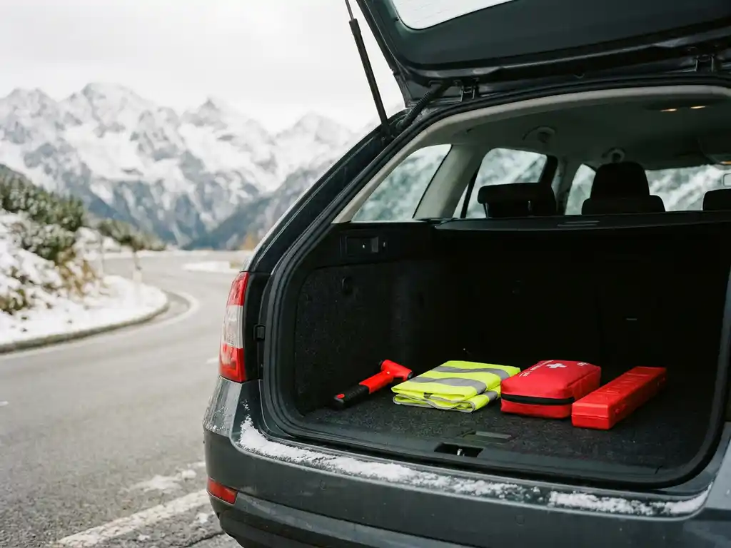 Automotive emergency kit with safety hammer, reflective vest, first aid kit, and warning triangle in a car trunk on an Austrian alpine road.