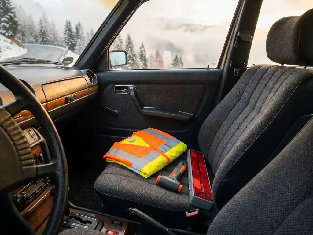 Car emergency kit with safety hammer, reflective vest, and warning triangle on passenger seat, Swiss alpine road visible through misty windshield.
