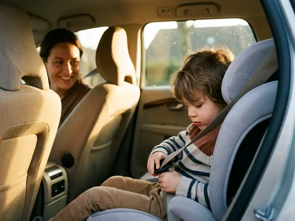 Young child buckling their own seatbelt in a car's backseat while a parent smiles encouragingly from the front seat.