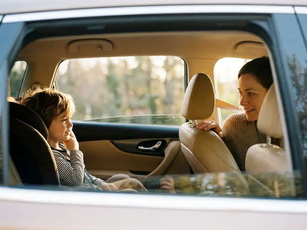 Young child in a car backseat listening as a parent turns to speak, warm afternoon sunlight through windows creating a reassuring family moment.