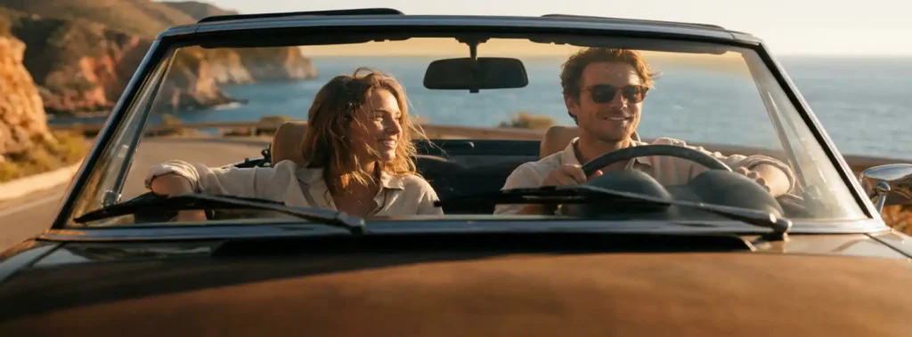 Couple driving a convertible along a winding Spanish coastal road at golden hour, with terracotta cliffs and Mediterranean sea in the background.