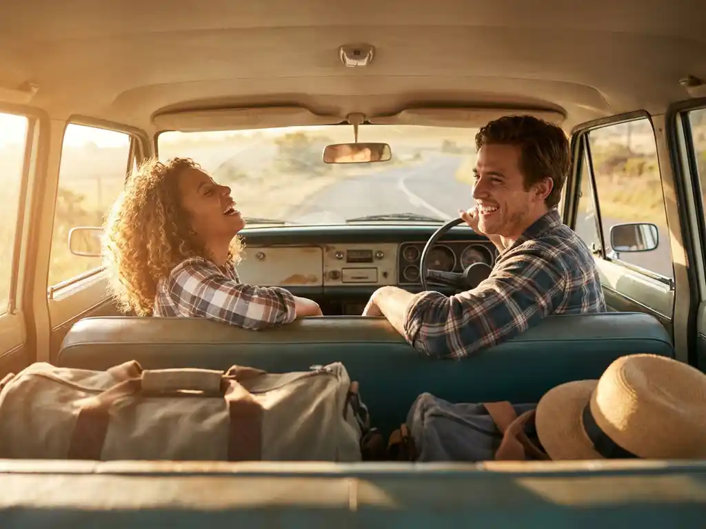 Young couple laughing in a sunlit car with luggage in the backseat, ready for a morning road trip.