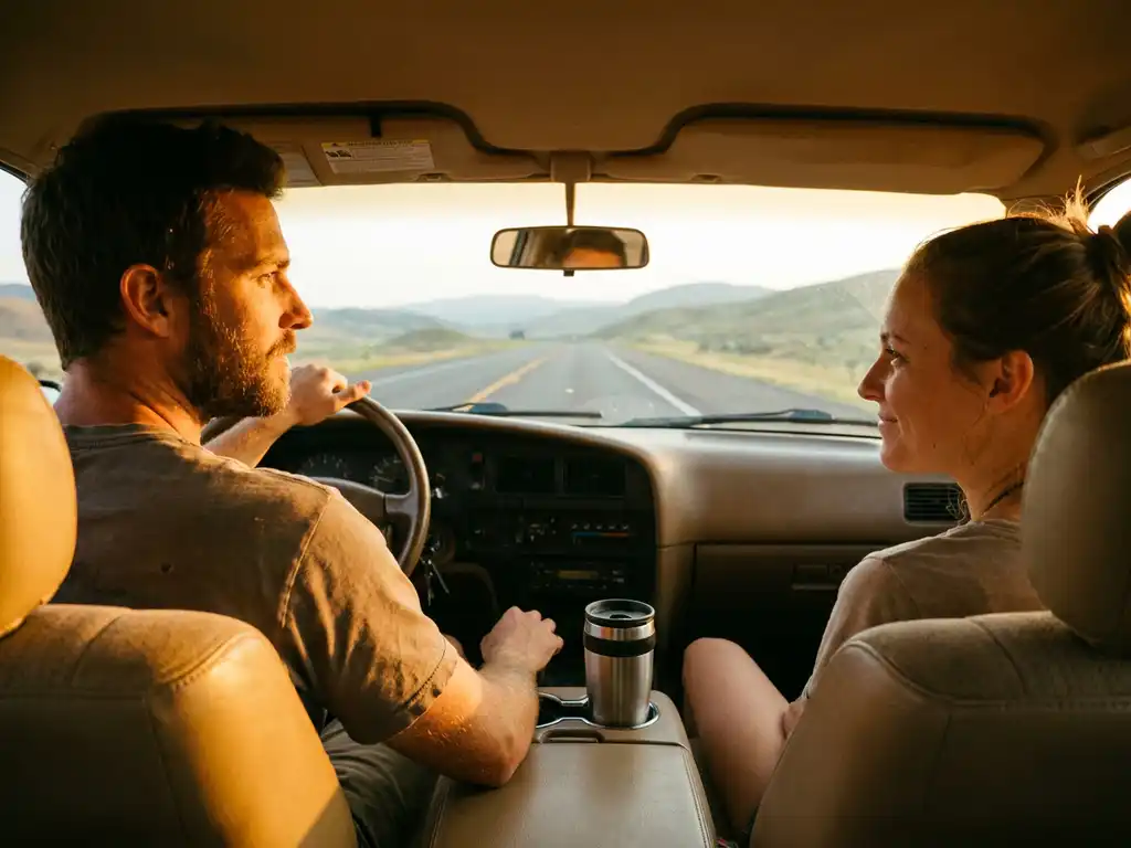 Couple on a scenic highway road trip at golden hour, driver focused on open road stretching into soft hills, travel coffee cup in cupholder.