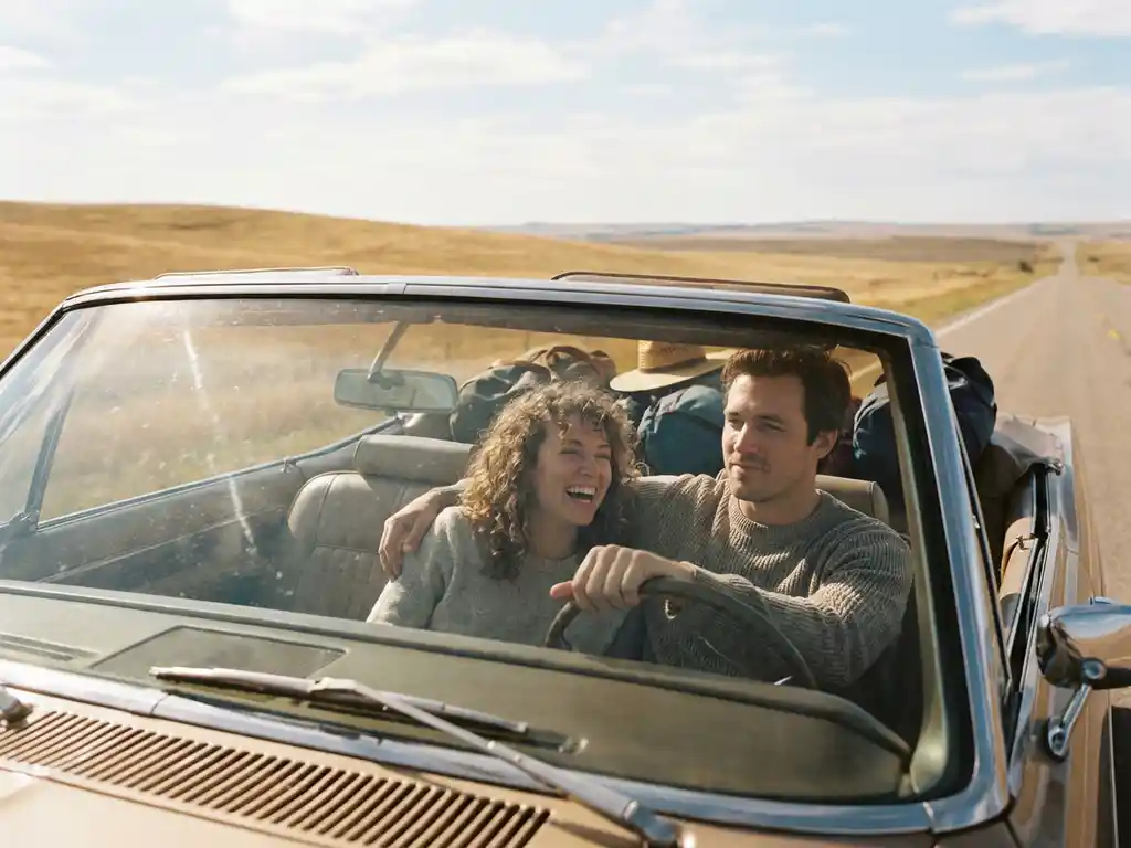 Couple smiling during a road trip through golden countryside, luggage in back seat, warm sunlight through windshield.