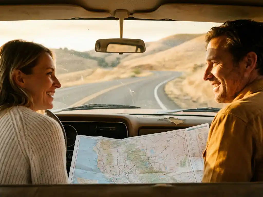 Couple smiling in a sunlit car with a paper road map on the dashboard, scenic winding highway and golden hills visible through the windshield.