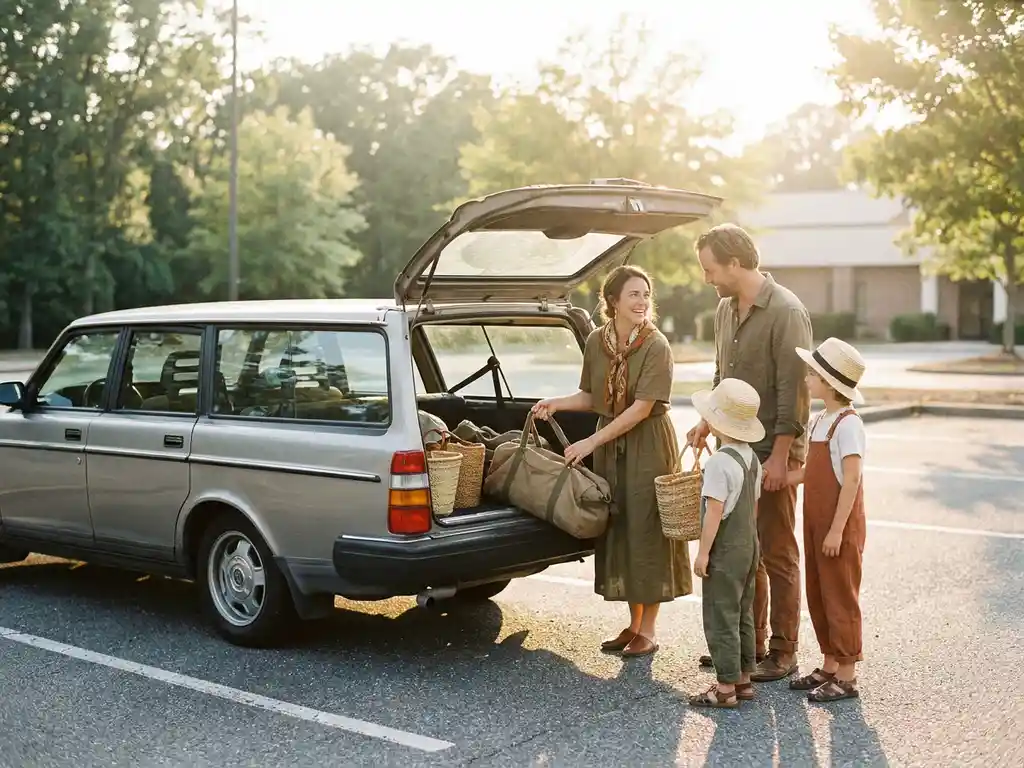 Familie lädt Gepäck in einen Kofferraum auf einem sonnigen Parkplatz im warmen Nachmittagslicht.