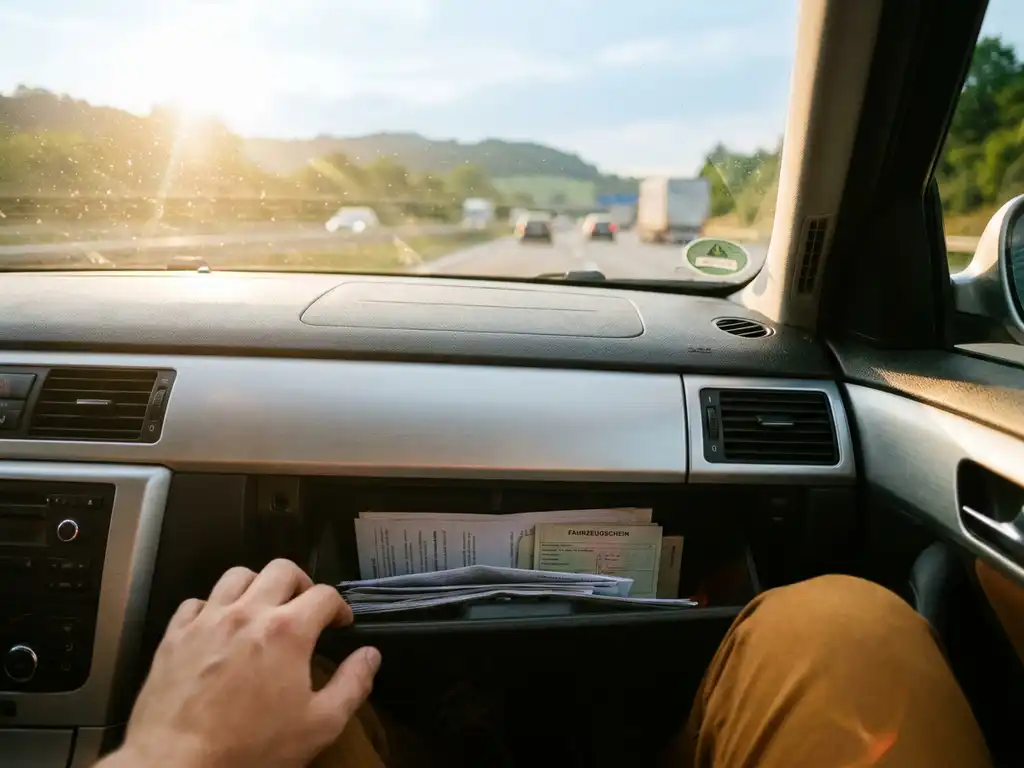 Familienauto auf der deutschen Autobahn, geöffnetes Handschuhfach mit Fahrzeugschein, goldenes Nachmittagslicht im Innenraum.