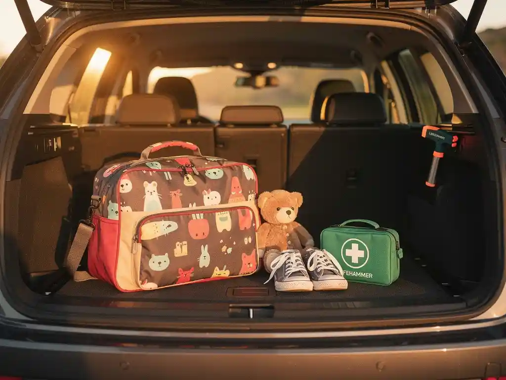 Familienauto-Kofferraum mit bunter Kindertasche, Erste-Hilfe-Set, kleinen Sneakern und Lifehammer am Fahrersitz, goldenes Nachmittagslicht.