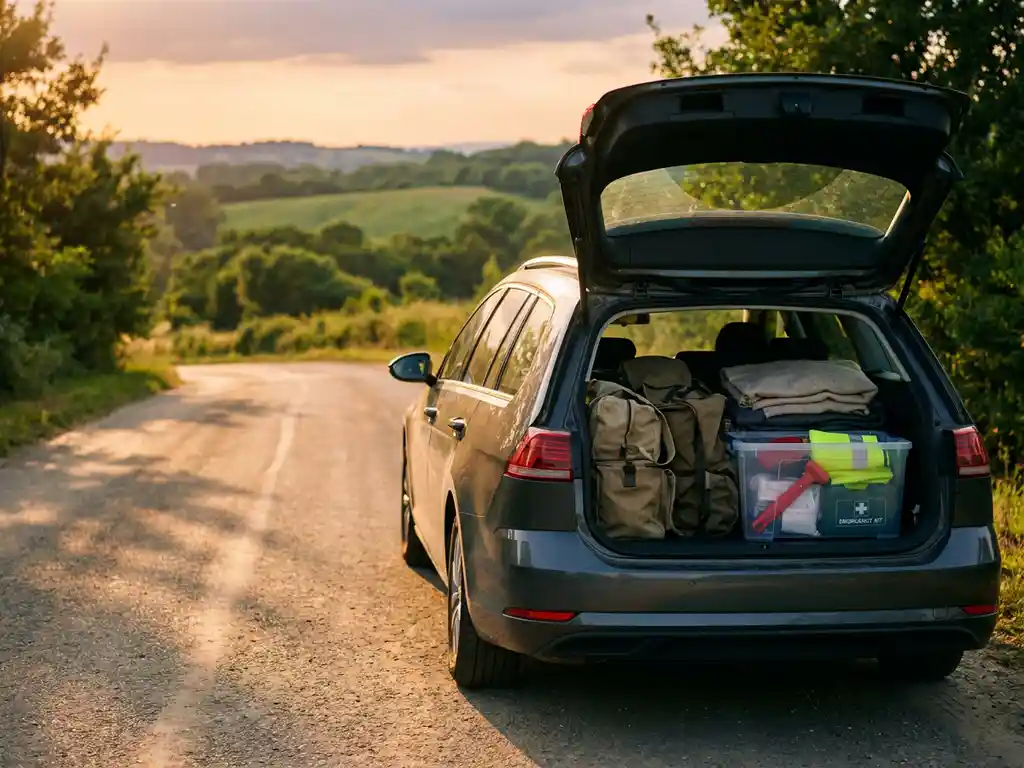 Vollgepacktes Familienauto mit geöffnetem Kofferraum, darin Sicherheitshammer, Warnweste und Notfallkit, goldenes Abendlicht, grüne Sommerlandschaft.