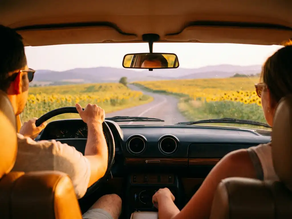Familie im Auto fährt durch französische Landschaft mit goldenen Sonnenblumenfeldern und gewundener Landstraße im warmen Abendlicht.
