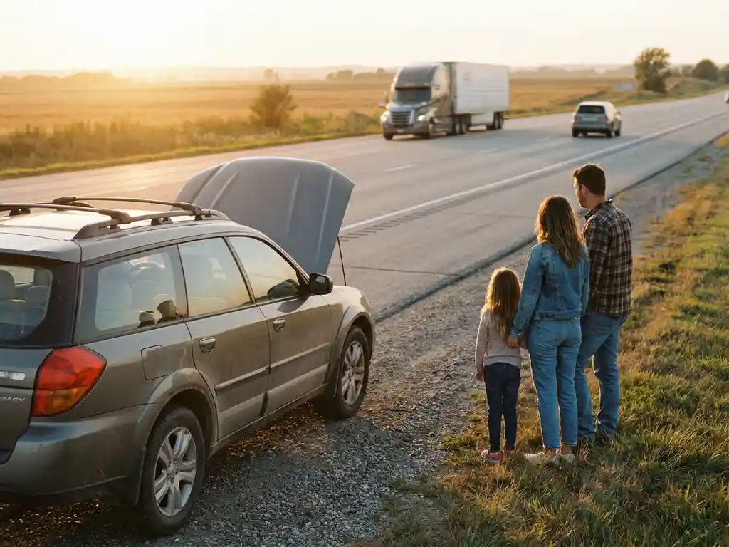 Family with child standing safely on highway shoulder beside broken-down car with hood raised during golden hour.