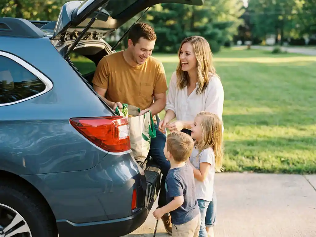 Young family laughing while loading groceries into an SUV in a suburban driveway during golden-hour afternoon light.