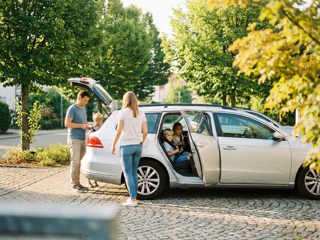 Young family loading luggage into a silver station wagon in a sunny German suburban driveway, children buckling seatbelts in warm morning light.