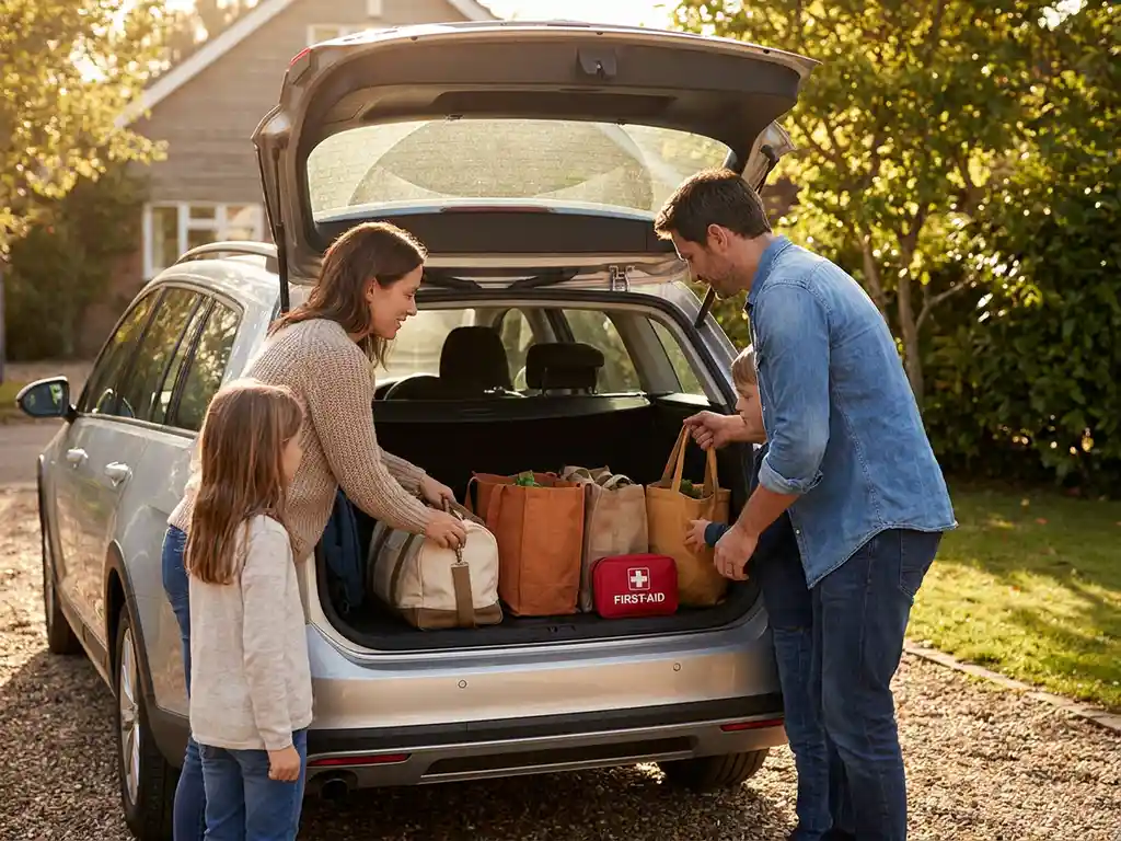 Family packing a car trunk with a weekend bag, reusable totes, and first aid kit in warm afternoon sunlight on a suburban driveway.