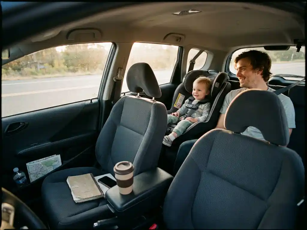 Young family of three relaxing inside a compact car, warm afternoon light through windows, organized center console visible in foreground.