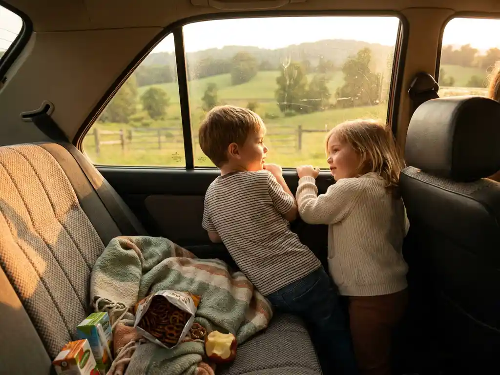 Two children looking out a sunlit car window during a family road trip, golden-hour light warming the back seat with snacks and a colorful blanket.
