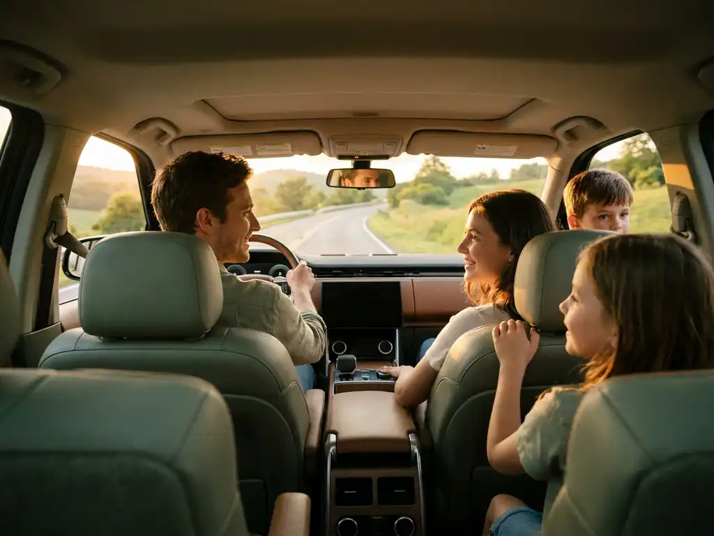 Young family enjoying a scenic road trip in an SUV, golden-hour sunlight streaming through the windshield with green landscape outside.
