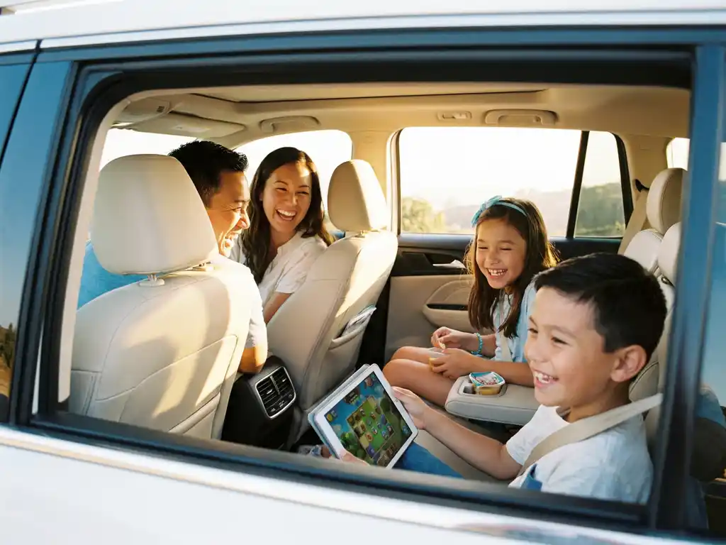 Family of four laughing during a road trip in a bright SUV, children playing with travel games in the back seat, warm afternoon sunlight streaming through windows.