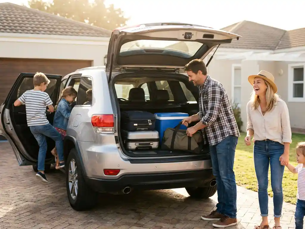 Family loading luggage into a silver SUV on a sunny suburban driveway, children climbing in as packed bags and a cooler fill the open trunk.