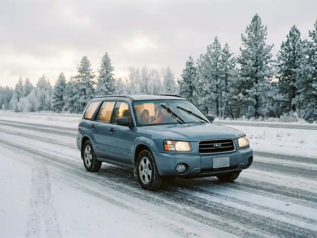 Family SUV driving a snow-dusted winter highway lined with frost-covered pines, windshield wipers mid-sweep, warm cabin glow visible through fogged windows.