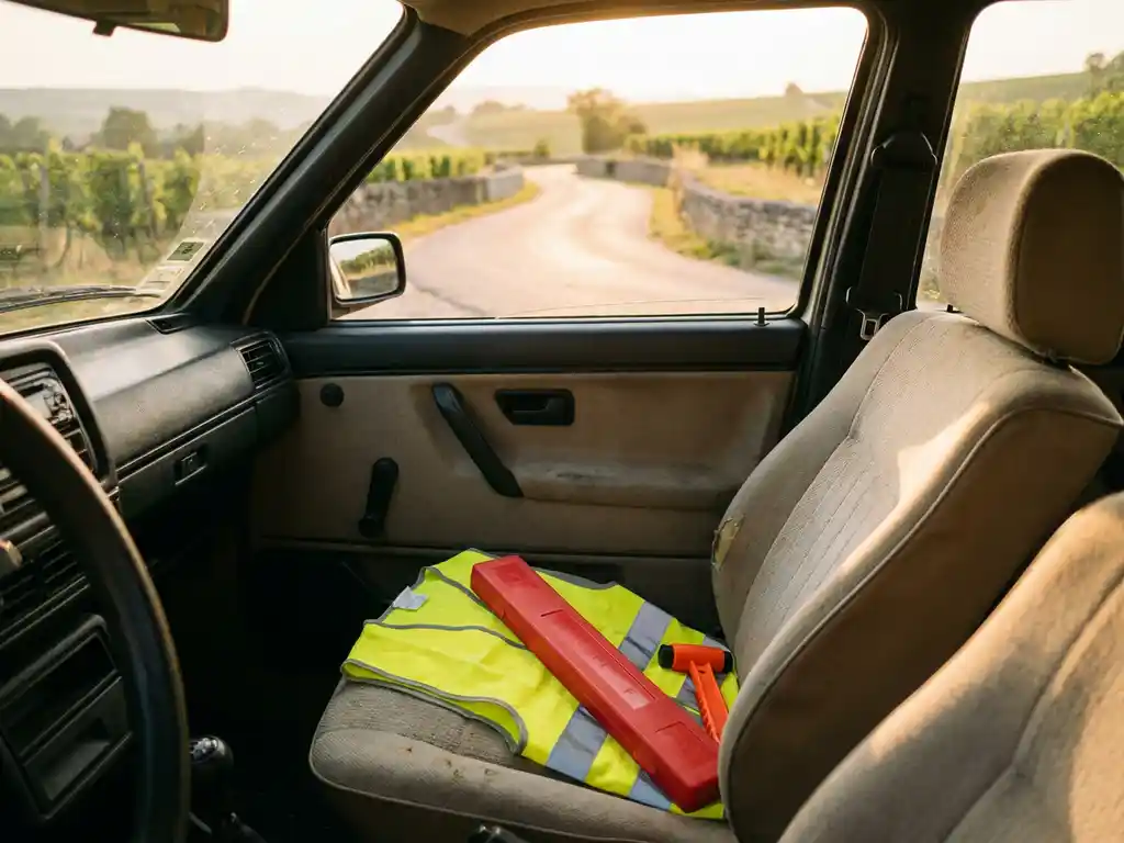 Reflective safety vest, warning triangle, and safety hammer on a car seat with sunny French countryside road visible through the windshield.