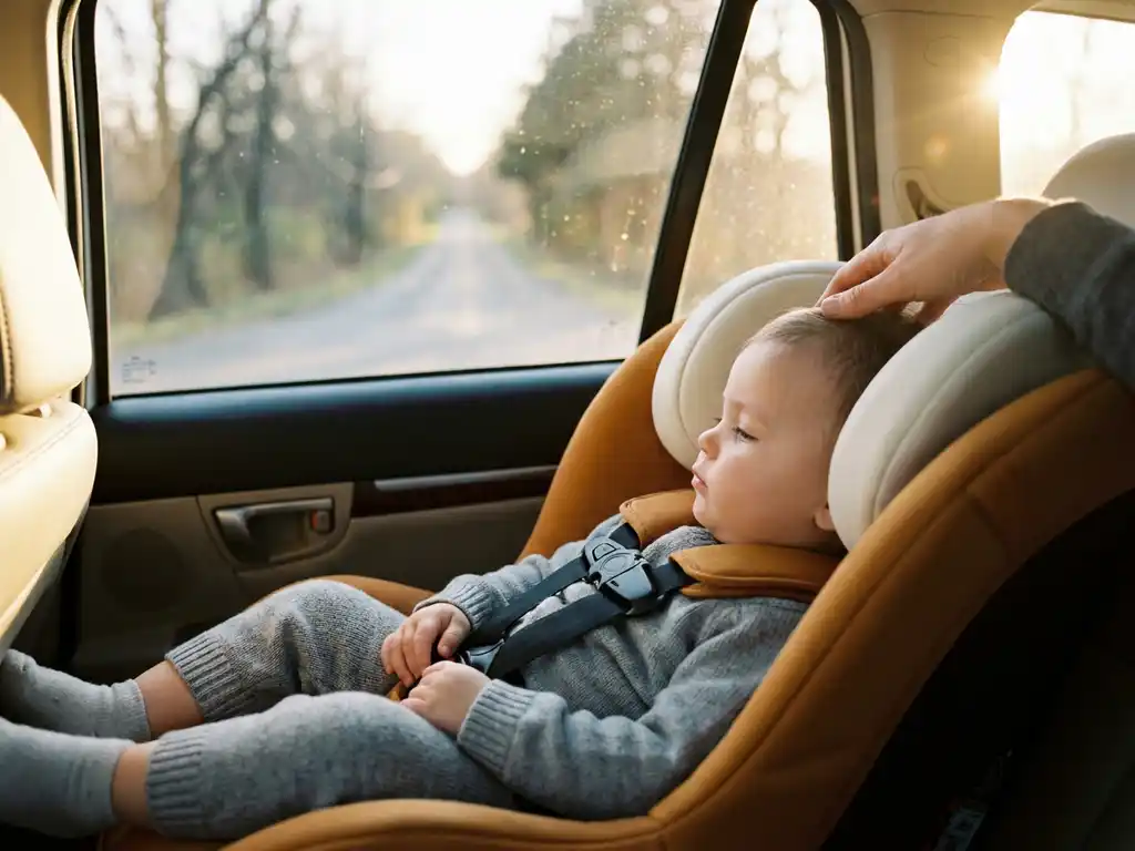 Kleinkind sicher in rückwärts gerichtetem Kindersitz, elterliche Hand auf der Kopfstütze, goldenes Nachmittagslicht durch das Autofenster.