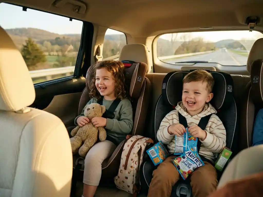 Zwei Kinder auf Rücksitz mit Reisesnacks, Kuscheltier und Rucksack, warmes Nachmittagslicht, Landstraße im Hintergrund.
