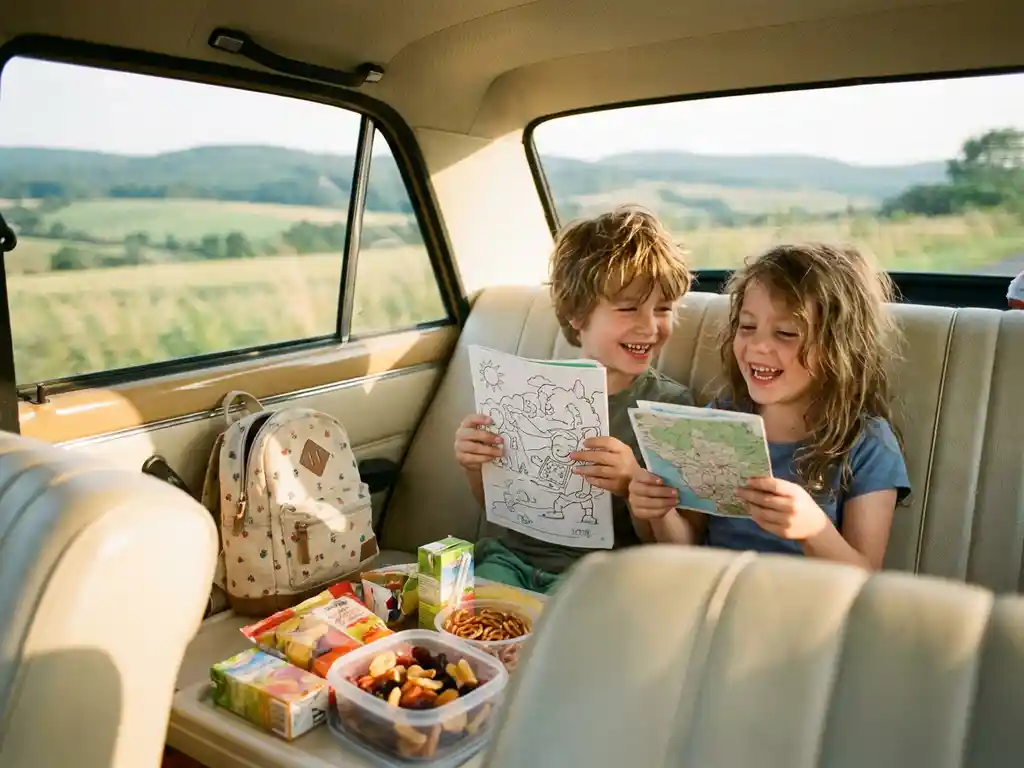 Zwei lächelnde Kinder auf dem Rücksitz beim Familienausflug, bunte Reisesnacks, goldenes Nachmittagslicht und grüne Landschaft im Hintergrund.