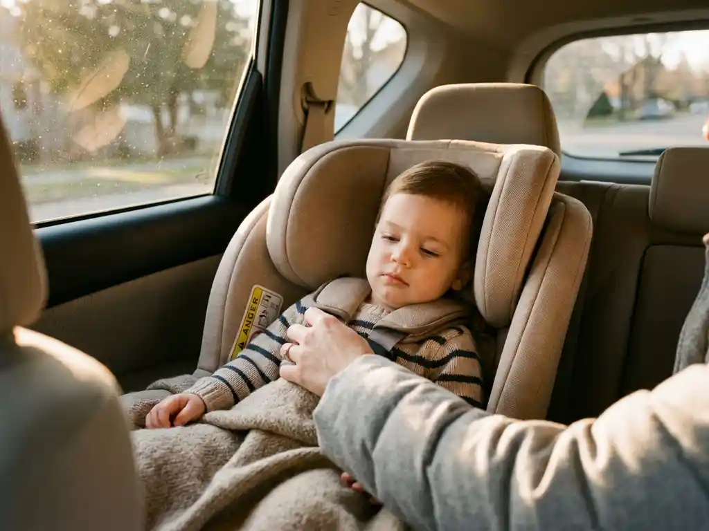 Kleinkind in rückwärtsgerichtetem Kindersitz, während Elternteil den Sicherheitsgurt prüft, warmes natürliches Licht im Fahrzeuginnenraum.
