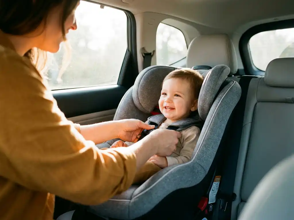 Parent buckling a smiling toddler into a rear-facing car seat in an SUV, warm natural light, candid safety moment.