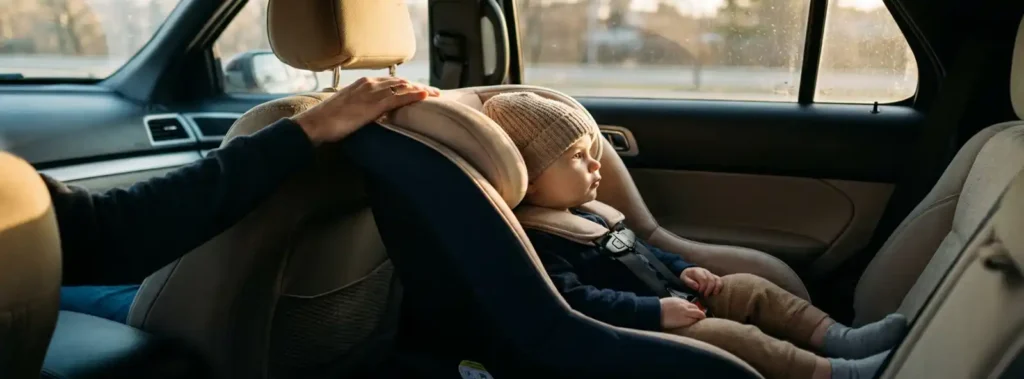 Young child safely buckled in a rear-facing car seat with a parent's reassuring hand on the headrest, soft afternoon light inside a modern car.