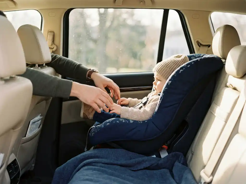 Young child buckled in rear-facing car seat as parent reaches from front seat inside a sunlit SUV interior.