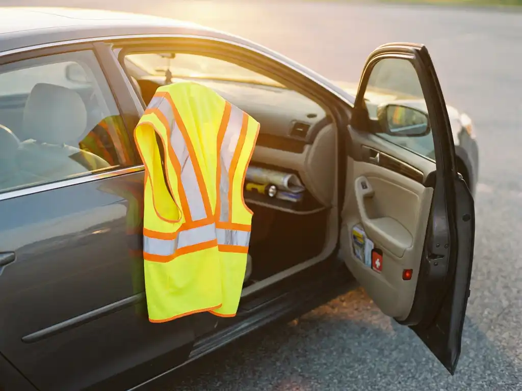 Safety vest with reflective silver strips draped over an open car door, warm golden-hour light, asphalt background.