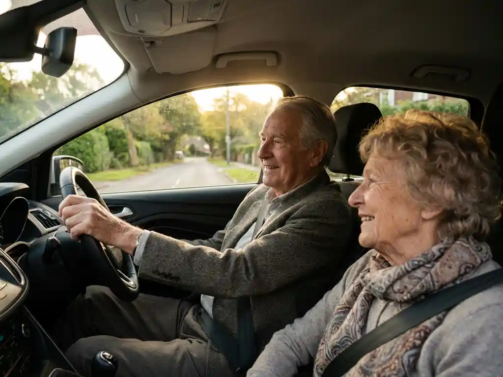 Elderly couple smiling during a relaxed afternoon drive through a green suburban neighborhood, warm sunlight streaming through the windshield.
