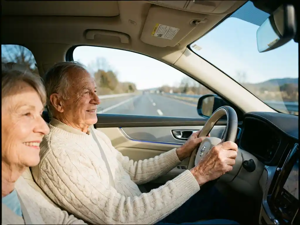 Elderly couple smiling on an open highway drive, husband at the wheel, golden afternoon light filling the modern car's interior.