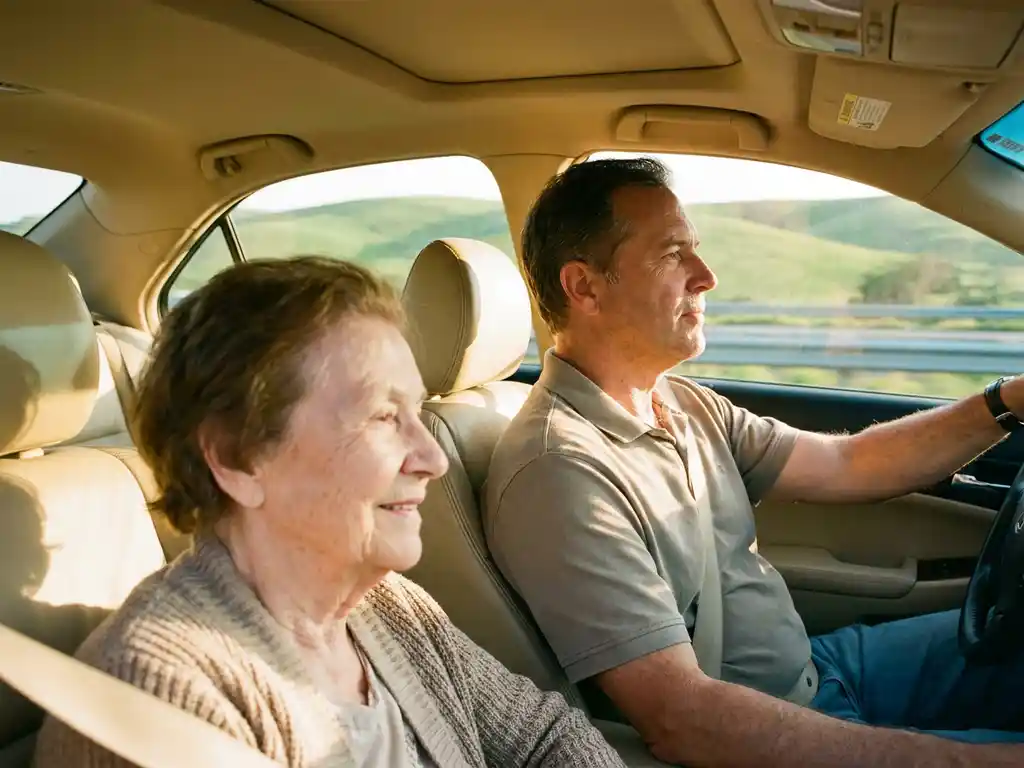 Elderly woman smiling at adult driver during a sunny highway road trip, green countryside visible through car windows.