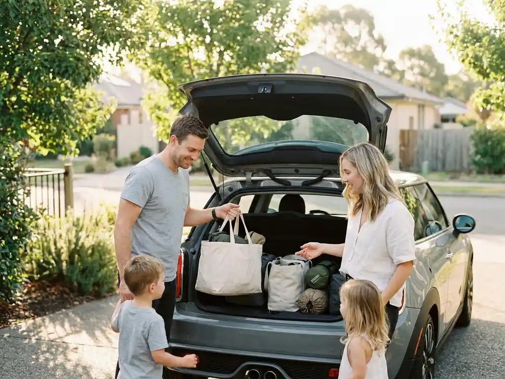 Junge Familie belädt Kofferraum eines Kleinwagens mit ordentlich gepacktem Reisegepäck in sonniger Vorstadteinfahrt.