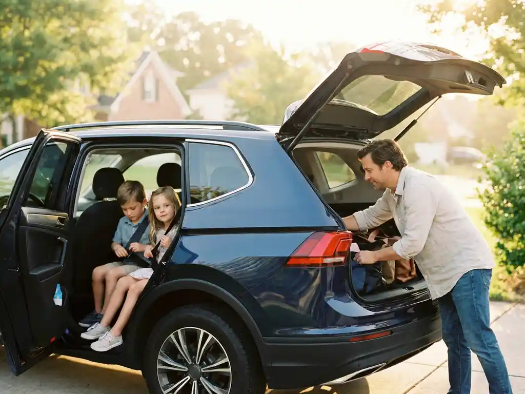 Familie belädt SUV im sonnigen Auffahrt, Kinder schnallen sich an, Elternteil prüft Rücksitz beim Familienurlaub-Start.