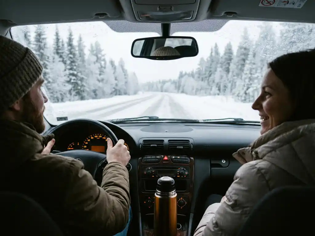 Ehepaar in Winterjacken fährt auf schneebedeckter Autobahn, Blick durch Windschutzscheibe auf verschneite Kiefernlandschaft.