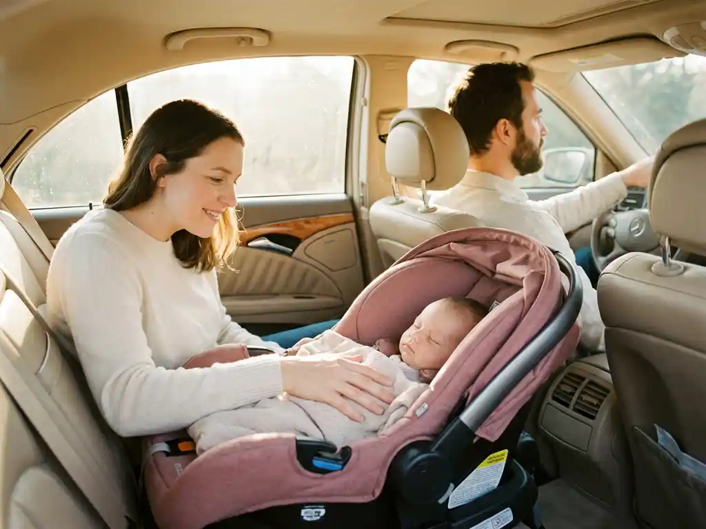 Mother checking on peaceful baby secured in rear-facing infant car seat, warm morning sunlight filling the car interior.