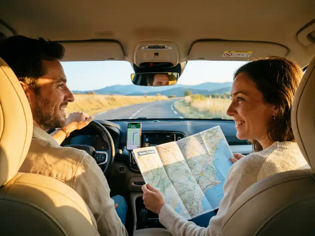 Lächelndes Paar im modernen Auto, Beifahrerin mit Papierkarte, Smartphone-Navigation auf dem Armaturenbrett, Landstraße im Hintergrund.
