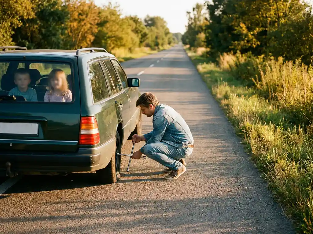Elternteil kauert neben einem Reifenpannen an einem sonnigen Landstraße, Kinder warten im Familienauto, goldenes Nachmittagslicht.