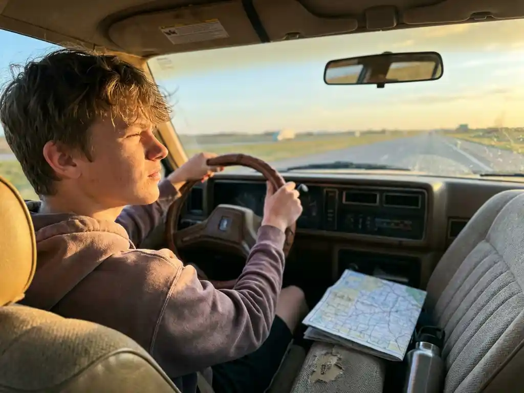 Teenage driver gripping a steering wheel on a sunlit open highway, road map and water bottle on the passenger seat, warm golden-hour light filling the car interior.