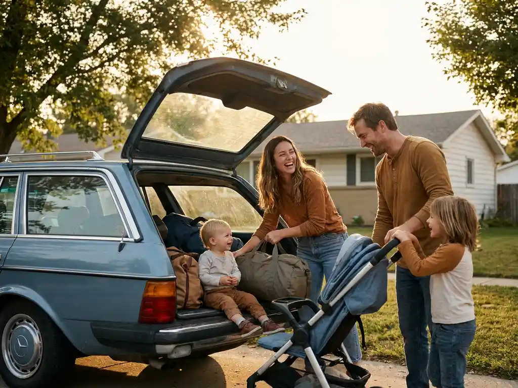 Junge Familie belädt Kofferraum auf sonniger Einfahrt, Kinder stehen daneben, goldenes Nachmittagslicht, entspannte Urlaubsvorbereitung.