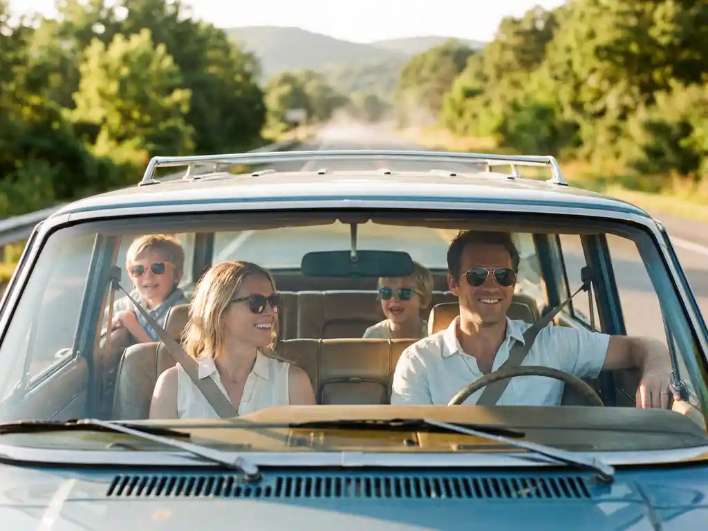 Familie mit zwei Kindern in Sonnenbrillen fährt entspannt auf sonniger Sommerautobahn, goldenes Licht durch die Windschutzscheibe.