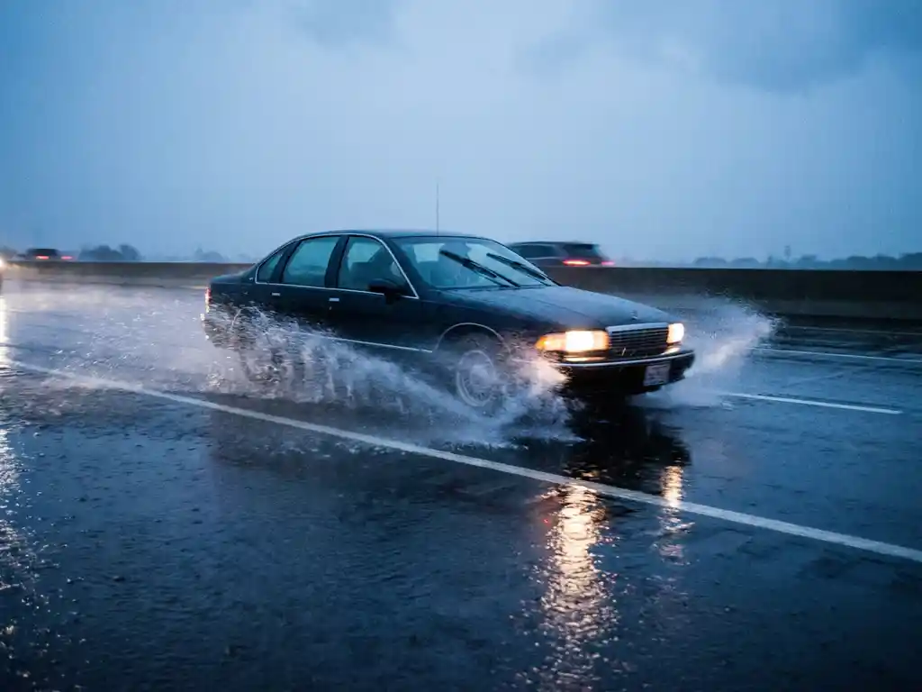 Familienlimousine aquaplant bei Dämmerung auf regenüberflutetem Highway, Wasserfontänen spritzen von den Reifen auf nasser Fahrbahn.