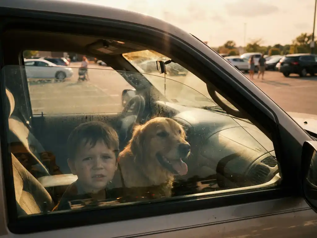 Goldener Retriever und Kleinkind in einem aufgeheizten Auto auf einem Parkplatz im Sommer, durch beschlagenes Fenster sichtbar.