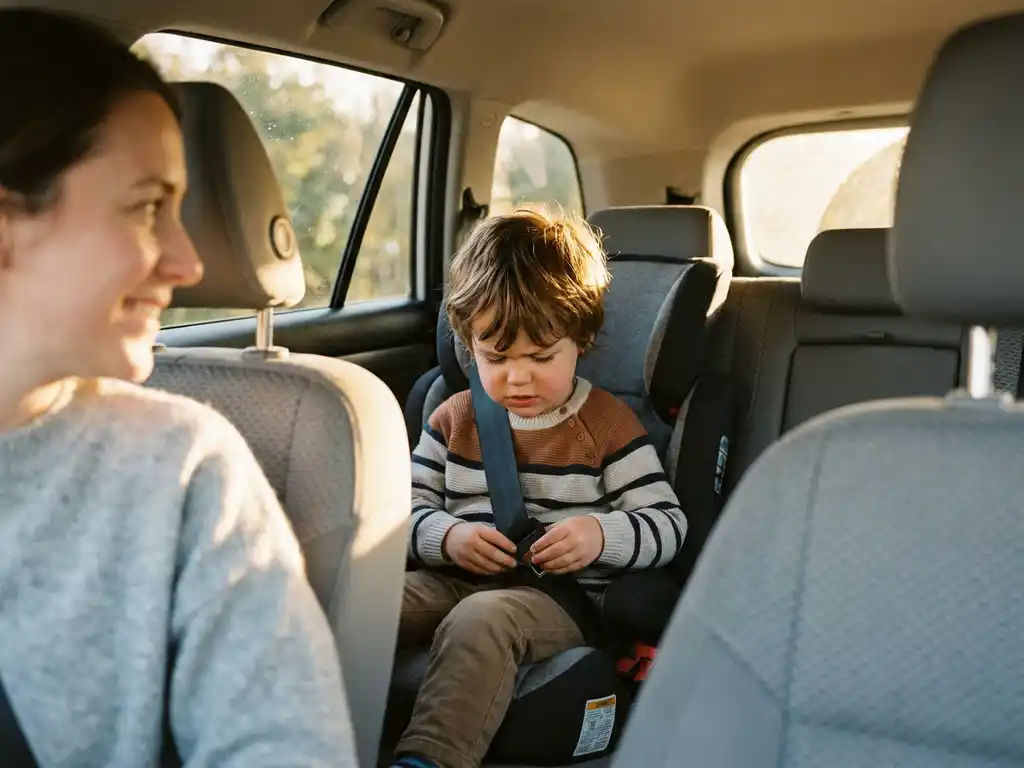 Kind schnallt sich selbst auf dem Rücksitz an, während ein Elternteil stolz zuschaut, warmes Nachmittagslicht im Familienauto.