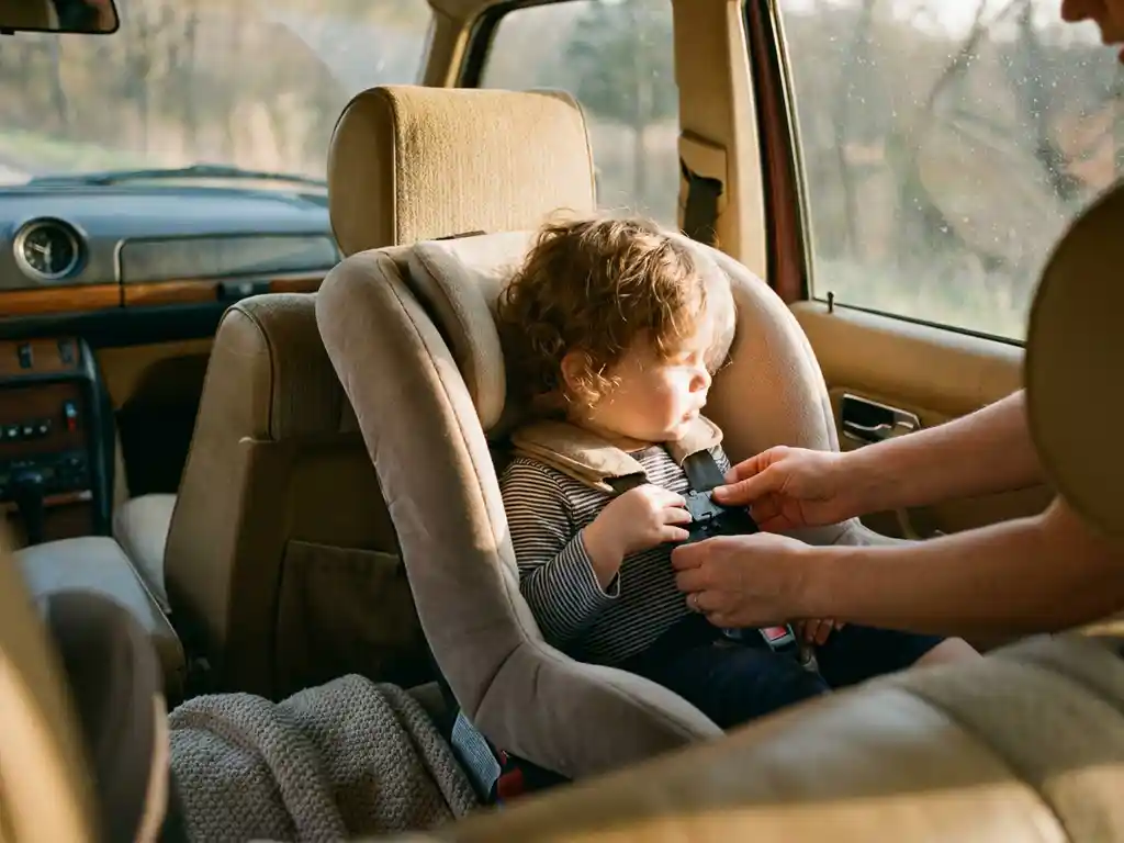 Kleinkind sicher in rückwärts gerichtetem Kindersitz, Elternteil justiert Gurte im SUV bei warmem Nachmittagslicht.